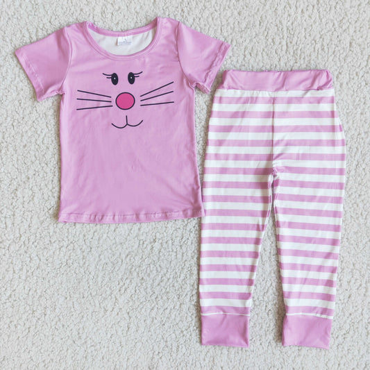 Pink Easter Striped Print Girls Pajamas