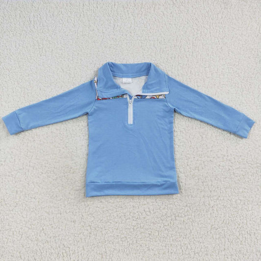BT0265 Cartoon Hero Star Sky Blue Long Sleeve Boys Zipper Pullover