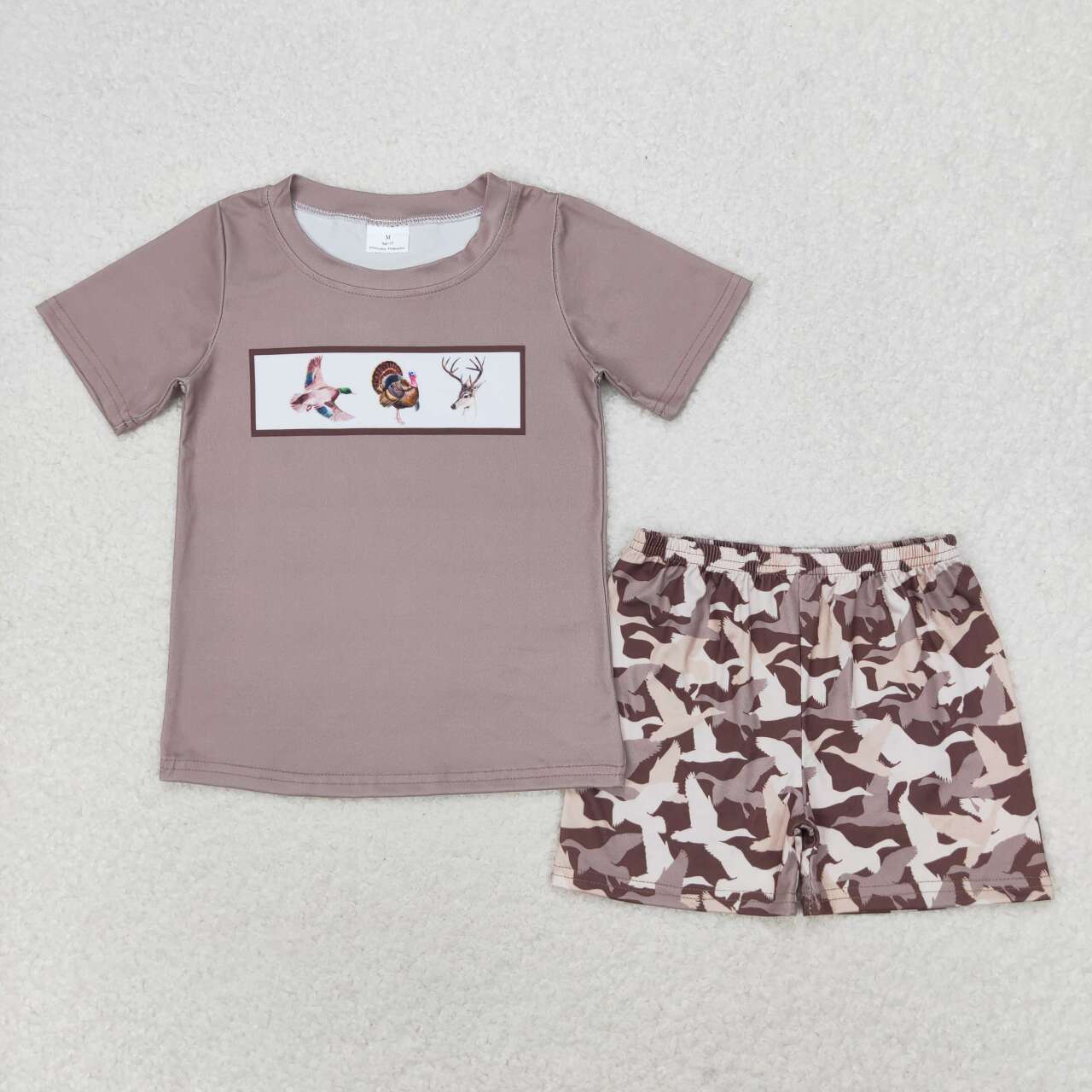 BSSO0953 hunting mallard duck brwon short sleeve camo shorts boys set