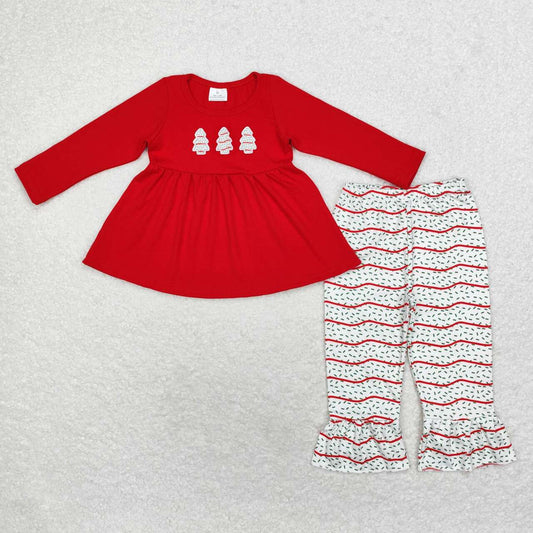 embrodiery GLP1525 Christmas tree cake red long sleeve pants girls set