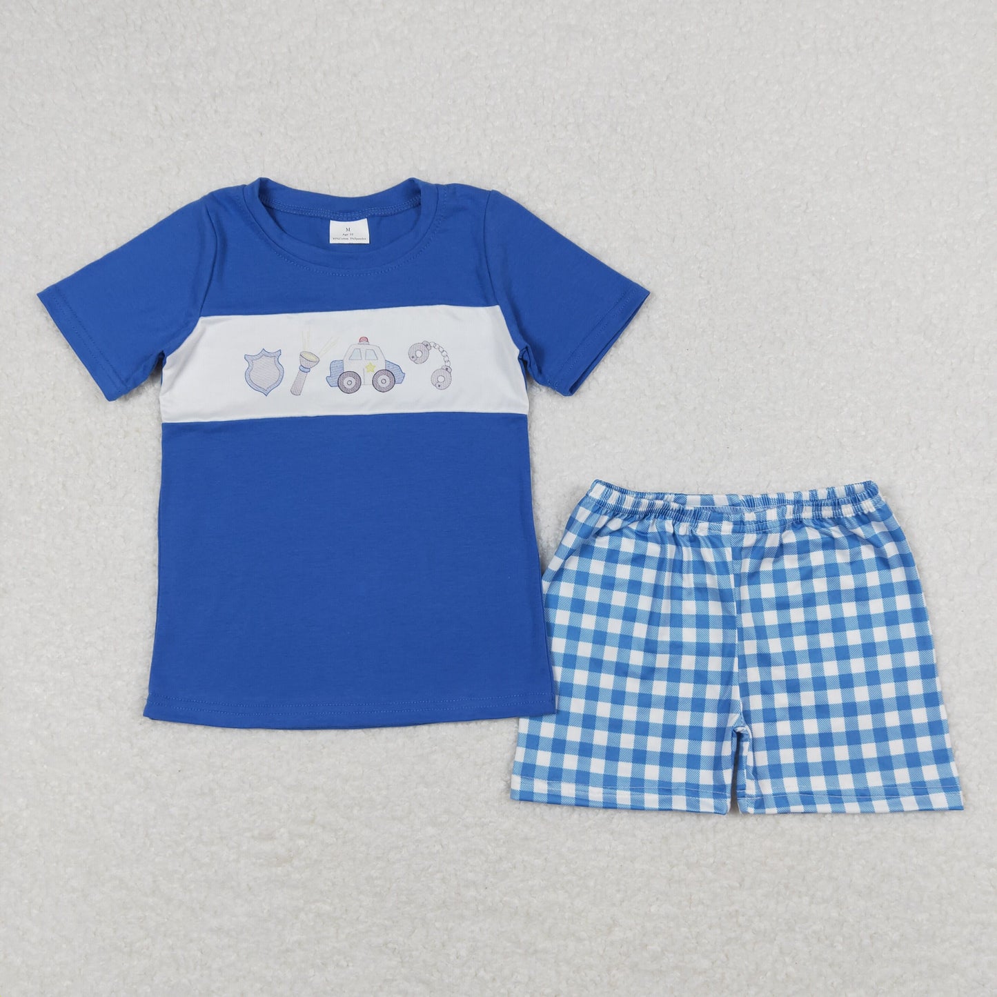 BSSO0665 Police car call blue short sleeve blue checkered shorts boys set