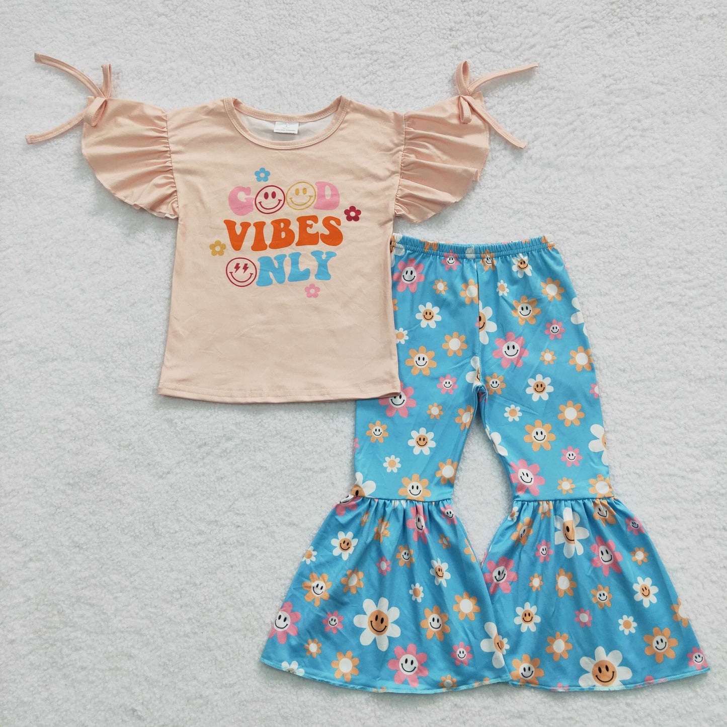 GSPO0637 VIBES Smile Flowers Khaki Short Sleeves Bule Pants Girls Kids Set