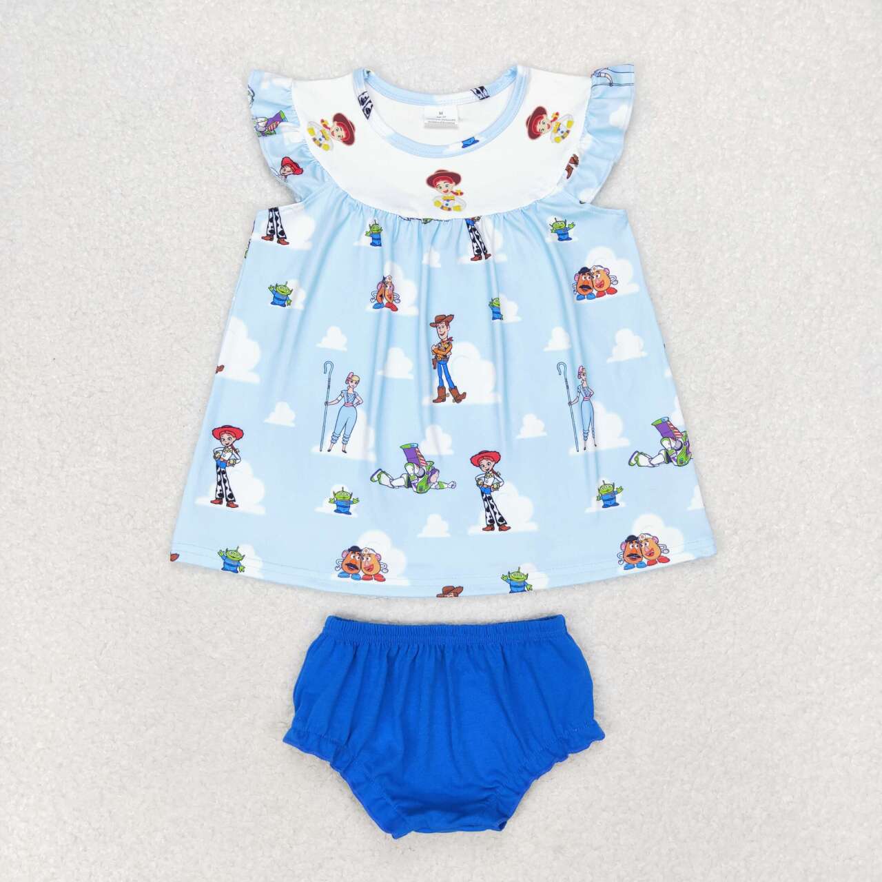 GBO0395 cartoon toy blue flutter sleeve navy blue girls bummies set