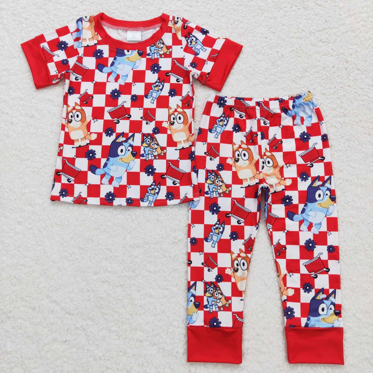 BSPO0355 cartoon blue dog red checkered short sleeve boys pajamas