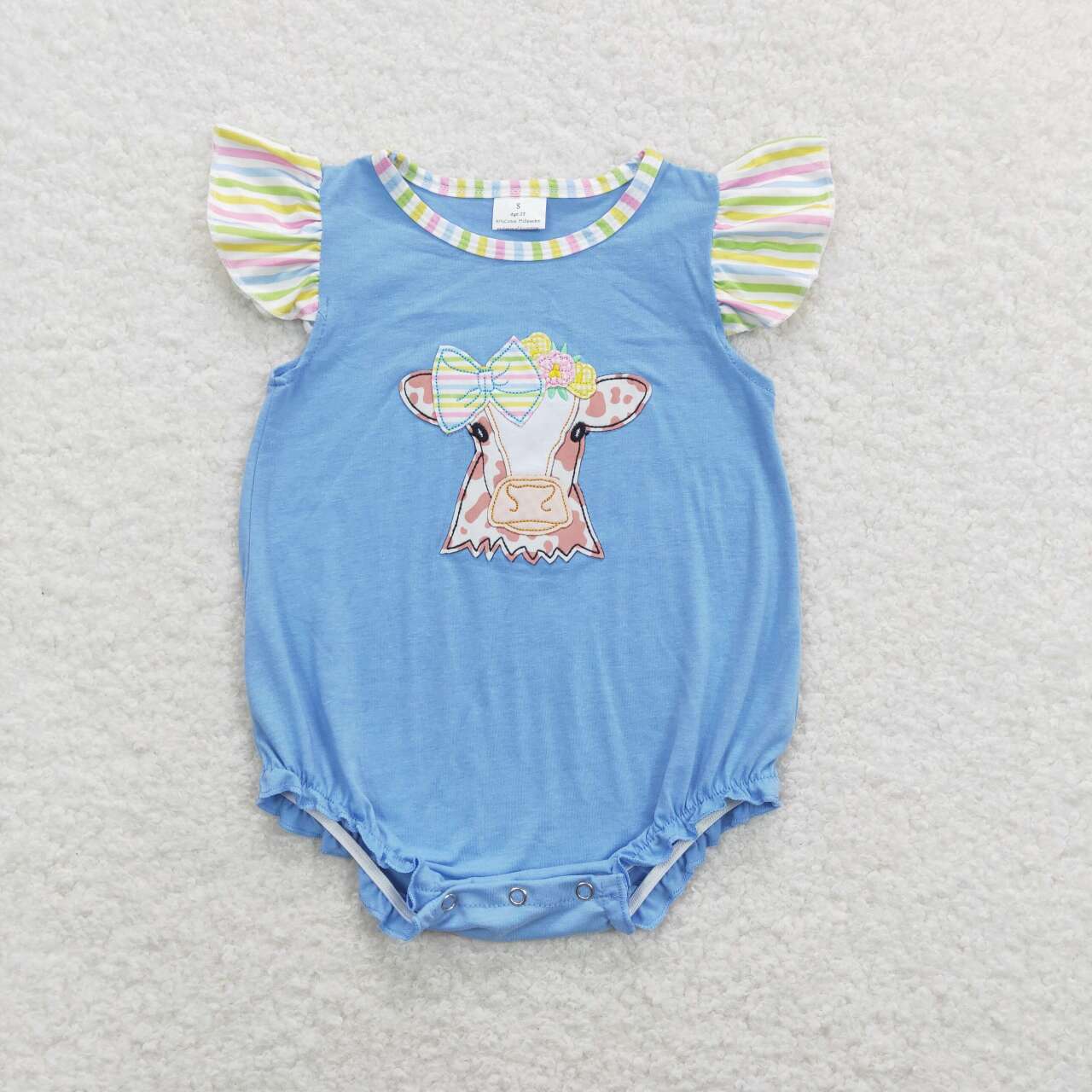 SR0825 Embroidery Cow Blue Flutter Sleeve Girls Romper
