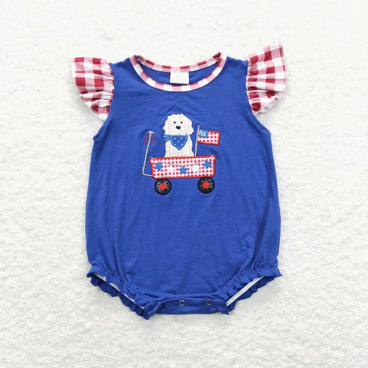 SR0748 Embroidery July 4th dog truck blue flutter sleeve girls romper