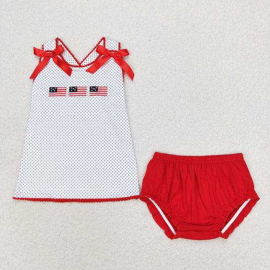 GBO0396 embroidery July 4th flag dot sleeveless red girls bummies set