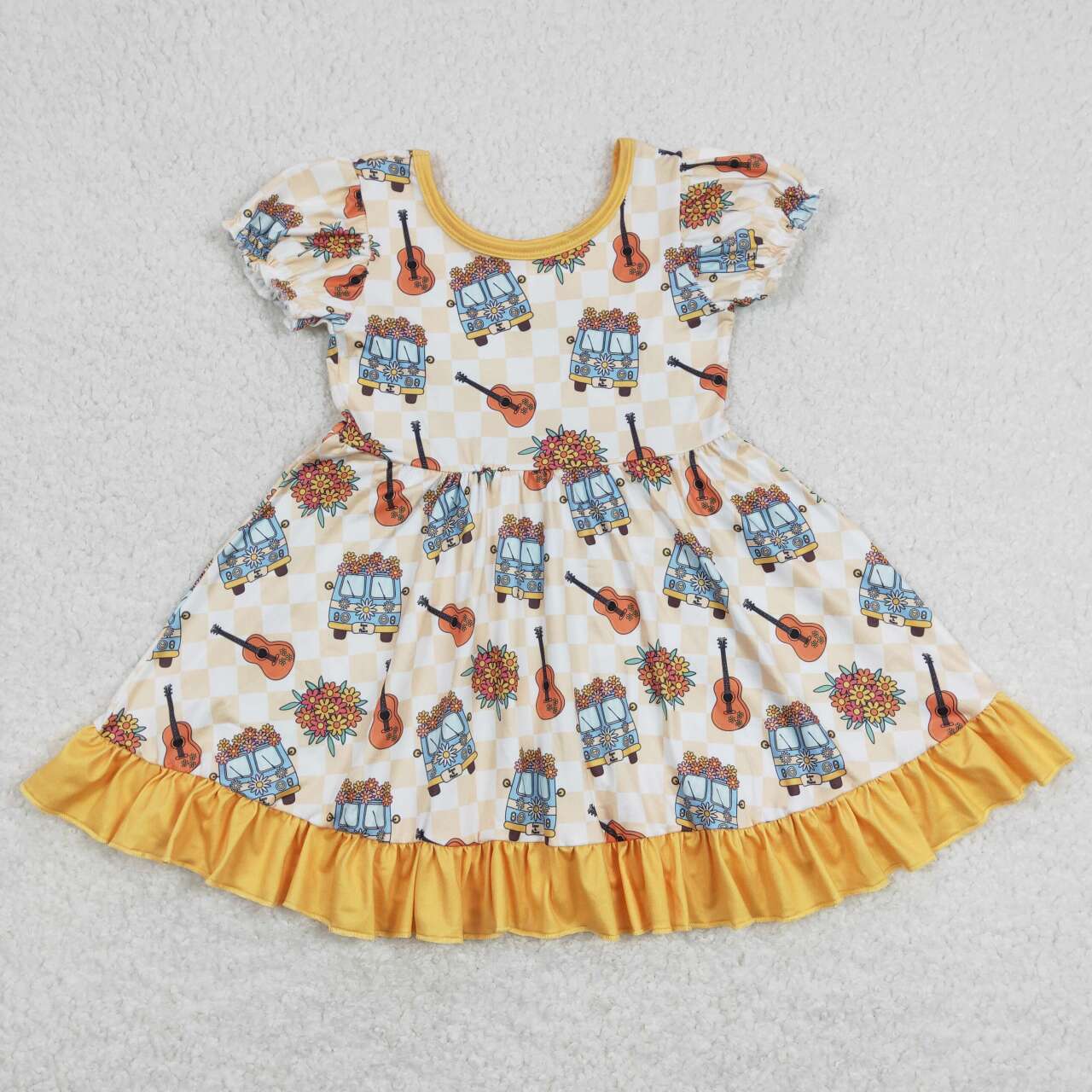 GSD0816 Camping Bus Flowers Guitar Orange Short Sleeve Girls Dress
