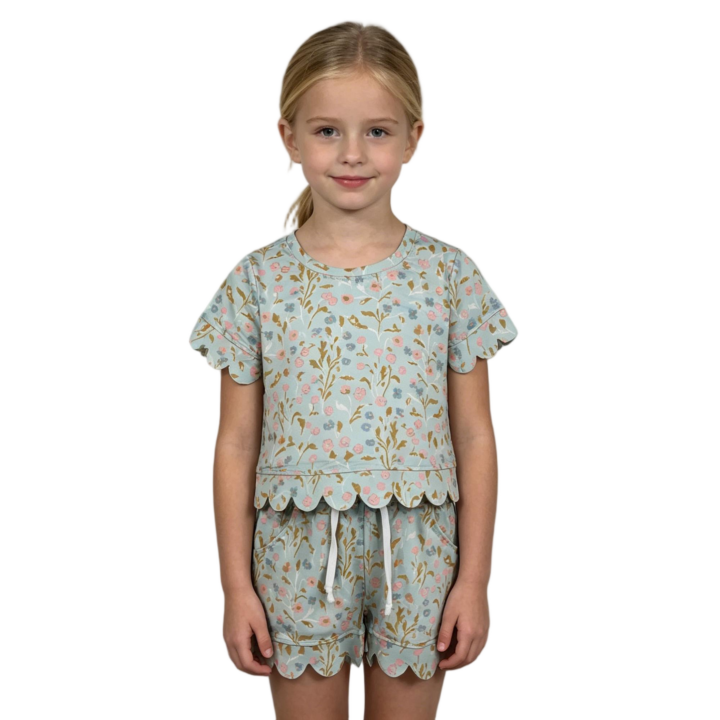 GSSO3266 Scallop Flowers Green Short Sleeve Shorts Girls Set