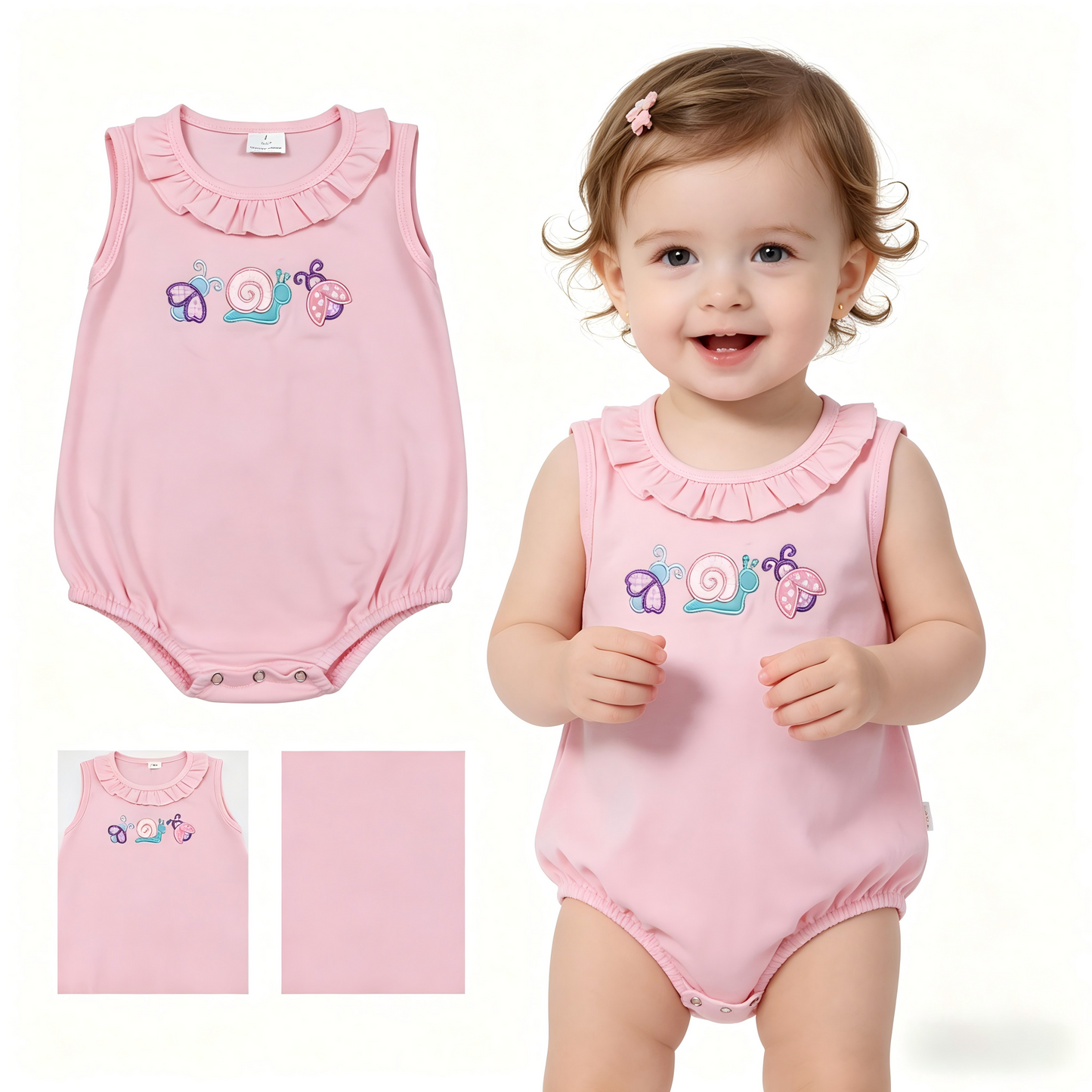 Embroidery SR4037 Ladybug Snail Pink Sleeveless Girls Romper