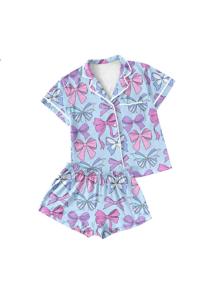 Custom Moq 3 Pink Bows Blue Mama and Me Pajamas Sibling Clothes