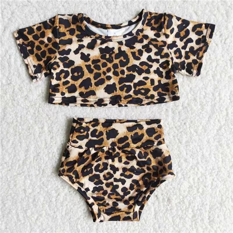 B3-12 Leopard Print Short Sleeve Crop-top Fashion Girls Bummies Set