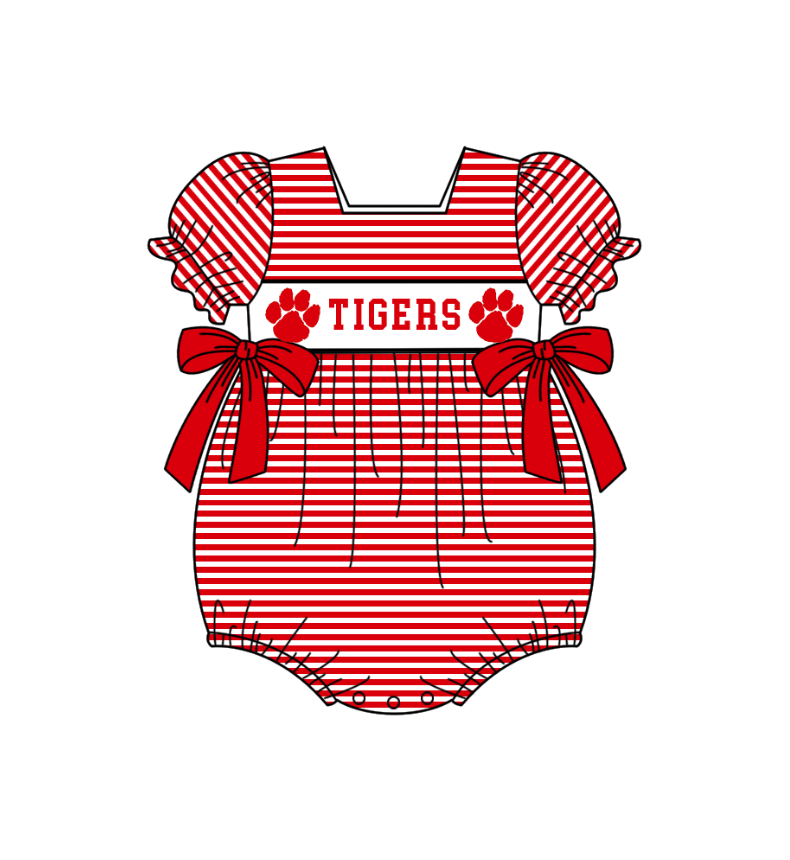 Custom Moq 3 Football Item Tiger Red Bows Short Sleeve Girls Romper