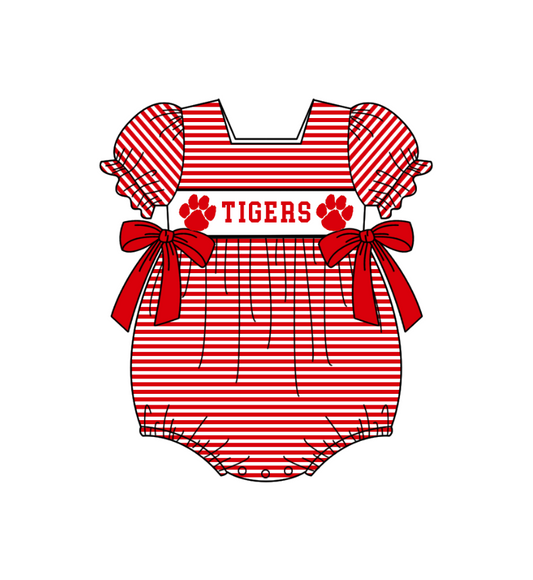 Custom Moq 3 Football Item Tiger Red Bows Short Sleeve Girls Romper