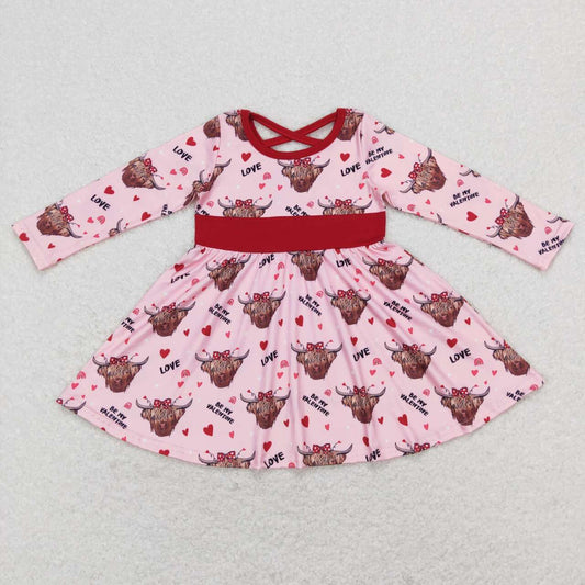 GLD0479 Valentine's Day highland cow pink long sleeve girls dress