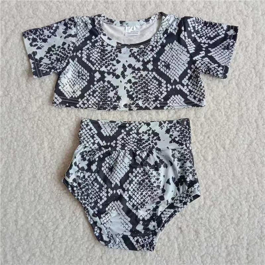 B12-12 Snake Skin Print Short Sleeve Crop-top Fashion Girls Bummies Set