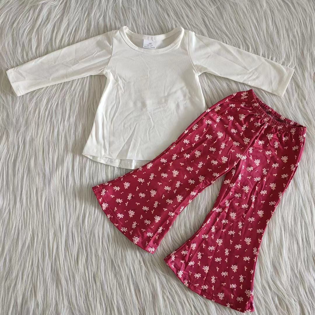 6 A12-26 White Cotton Top Match Floral Pants Kids Set