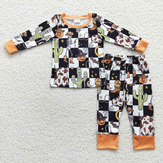 BLP0207 Halloween Pumpkin Skull Long Sleeves Plaid Print Pants Boys Pajamas