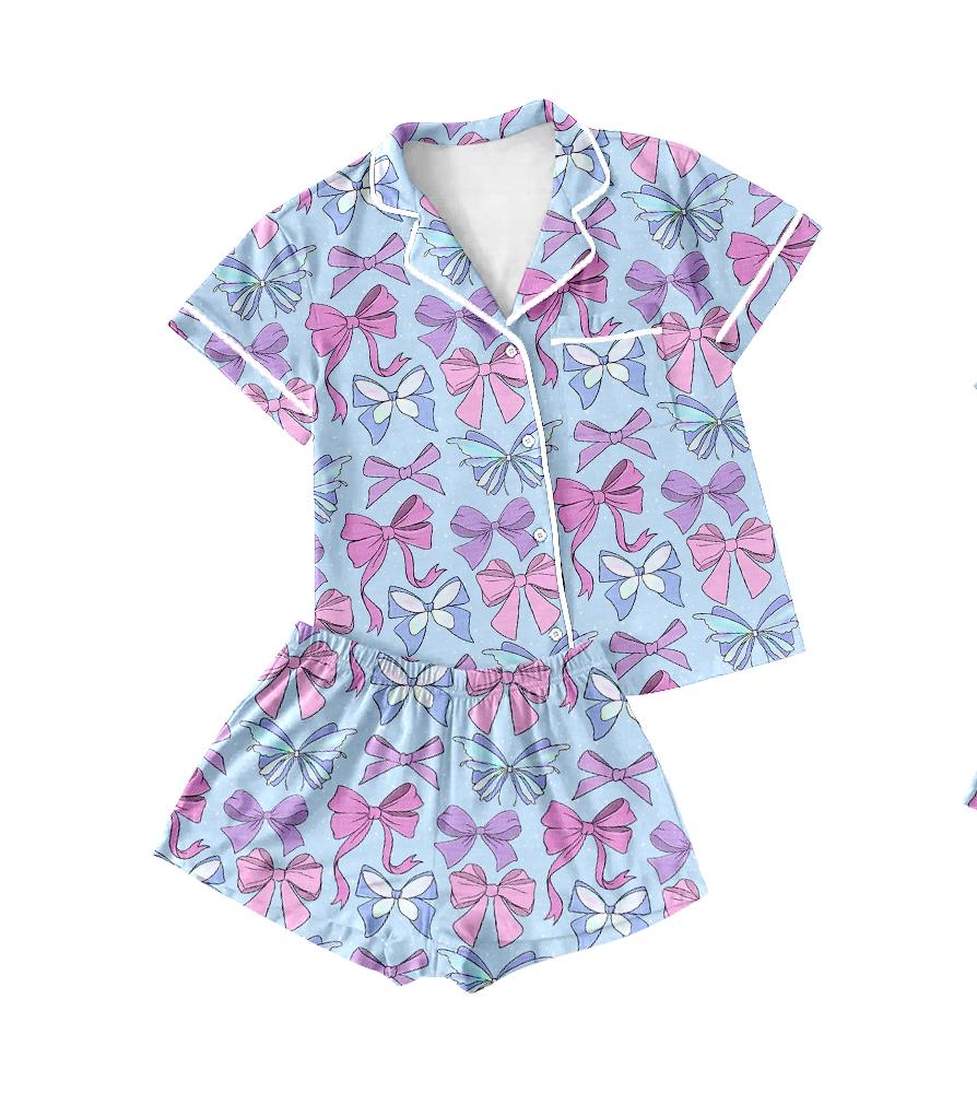 Custom Moq 3 Pink Bows Blue Mama and Me Pajamas Sibling Clothes