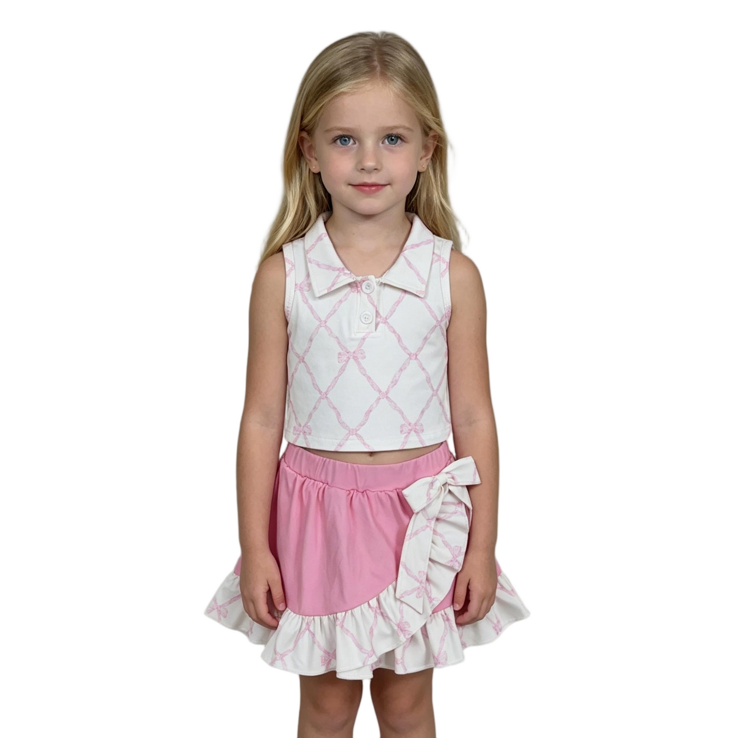 GSD3479 Yoga Pink Bows Sleeevless Pink Skorts Girls Set