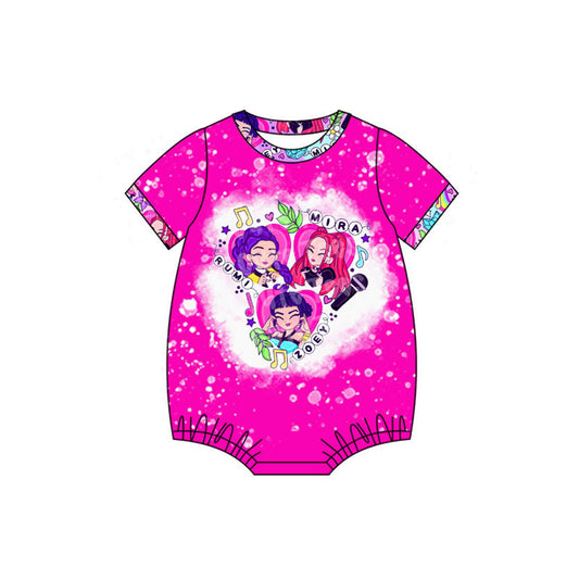 Custom moq 20 bamboo cartoon K witch hot pink short sleeve girls romper