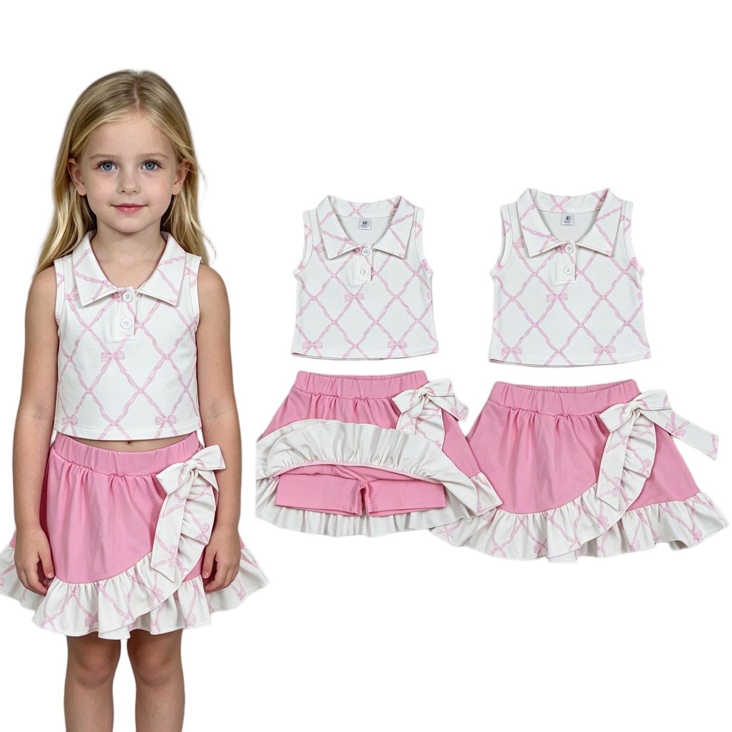 GSD3479 Yoga Pink Bows Sleeevless Pink Skorts Girls Set