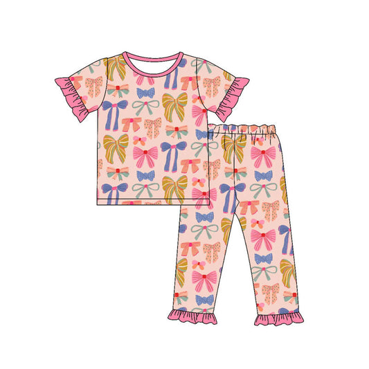 custom moq 5 colorful bows pink short sleeve pants girls pajamas