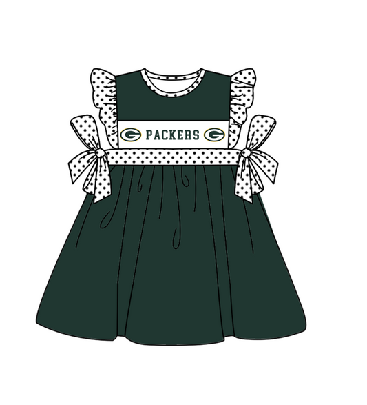 Custom Moq 3 Football Team Packers Green Flutter Sleeve  Girls Dress