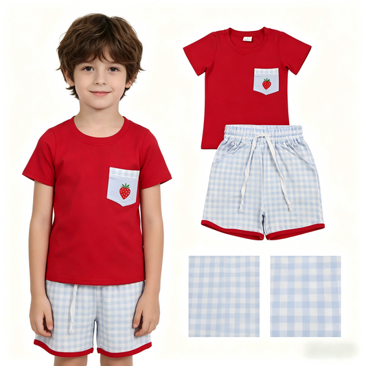 BSSO1692 Strawberry Pocket Red Short Sleeve Checkered Shorts Boys Set