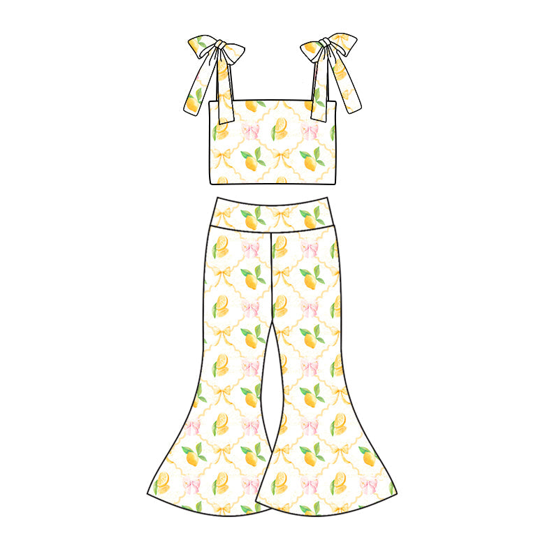 custom (moq 5)Baby Girls Lemon Straps Top Bell Pants Clothes Sets