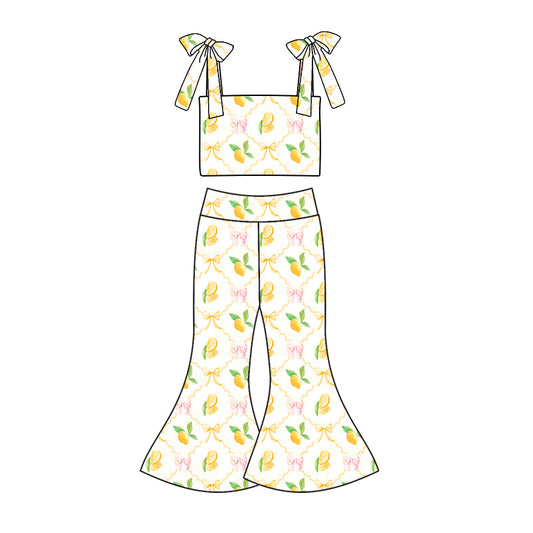 custom (moq 5)Baby Girls Lemon Straps Top Bell Pants Clothes Sets