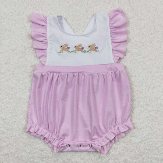 SR0620 Easter three rabbit hot pink flutter sleeve girls romper