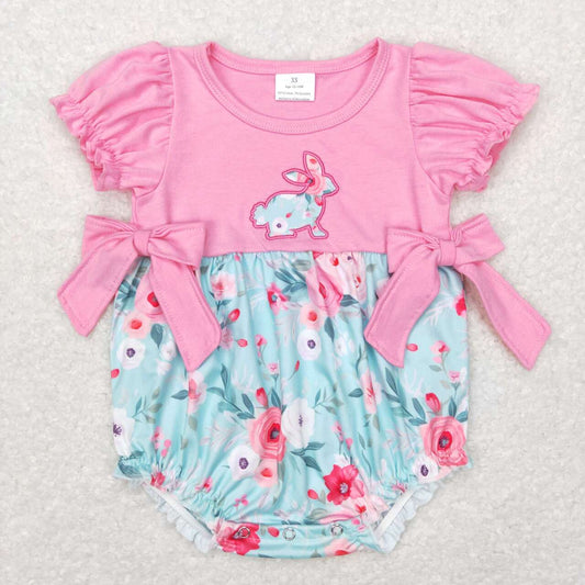 SR0573 Eastern rabbit flowers pink short sleeve girls romper