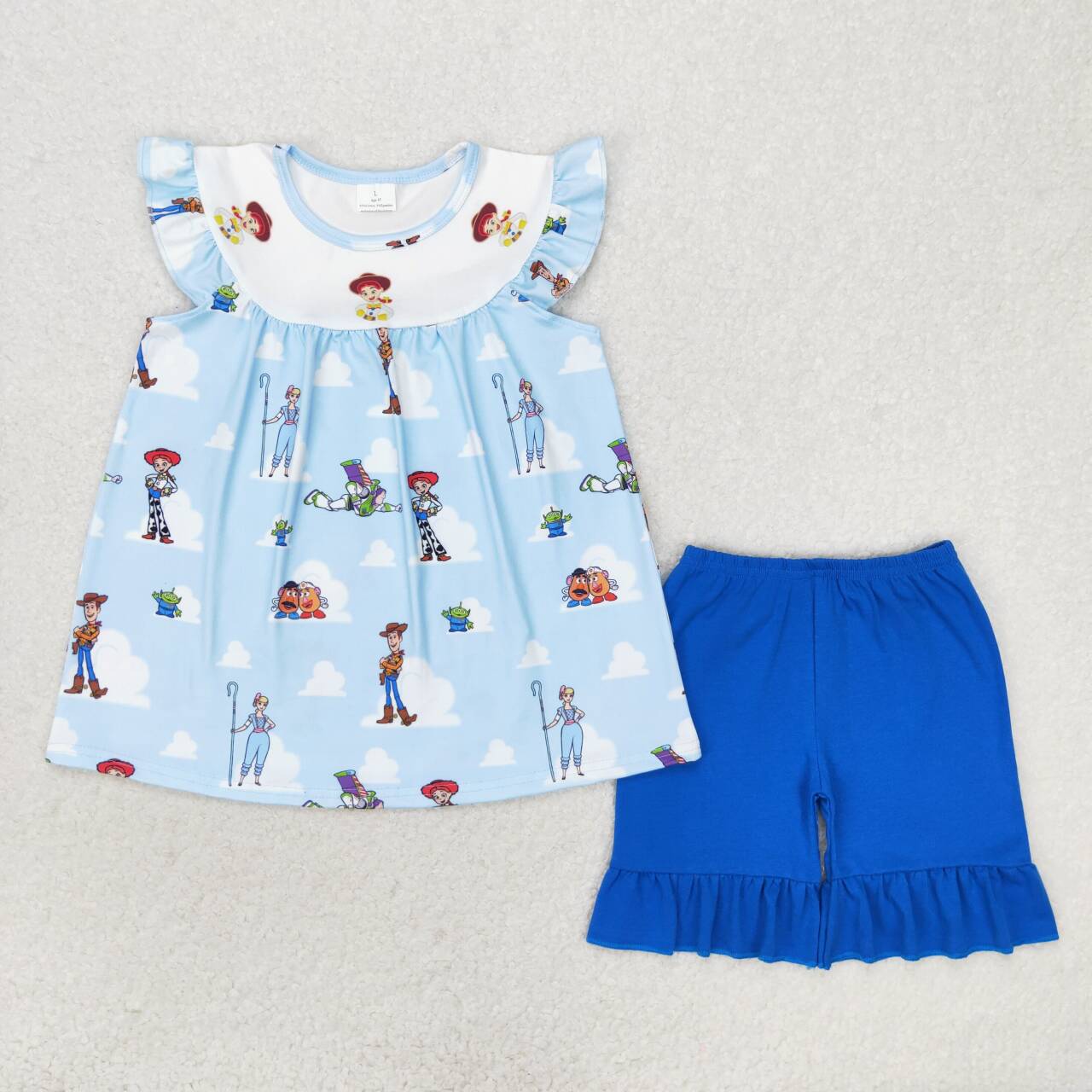 GSSO1373 cartoon toy blue flutter sleeve navy blue shorts girls set