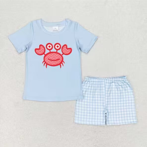 BSSO0808 crab blue short sleeve checkered shorts boys set