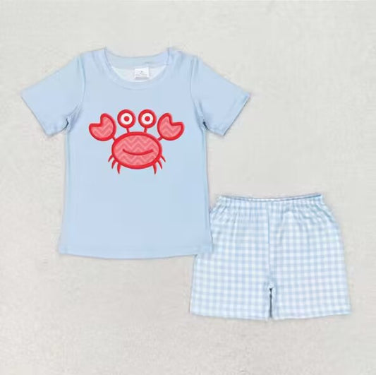 BSSO0808 crab blue short sleeve checkered shorts boys set