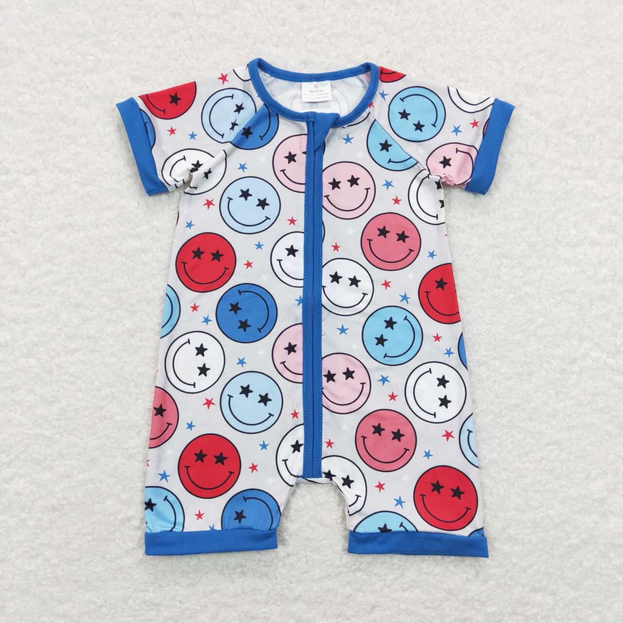 SR0692 Colorful smile blue star short sleeve boys zipper romper