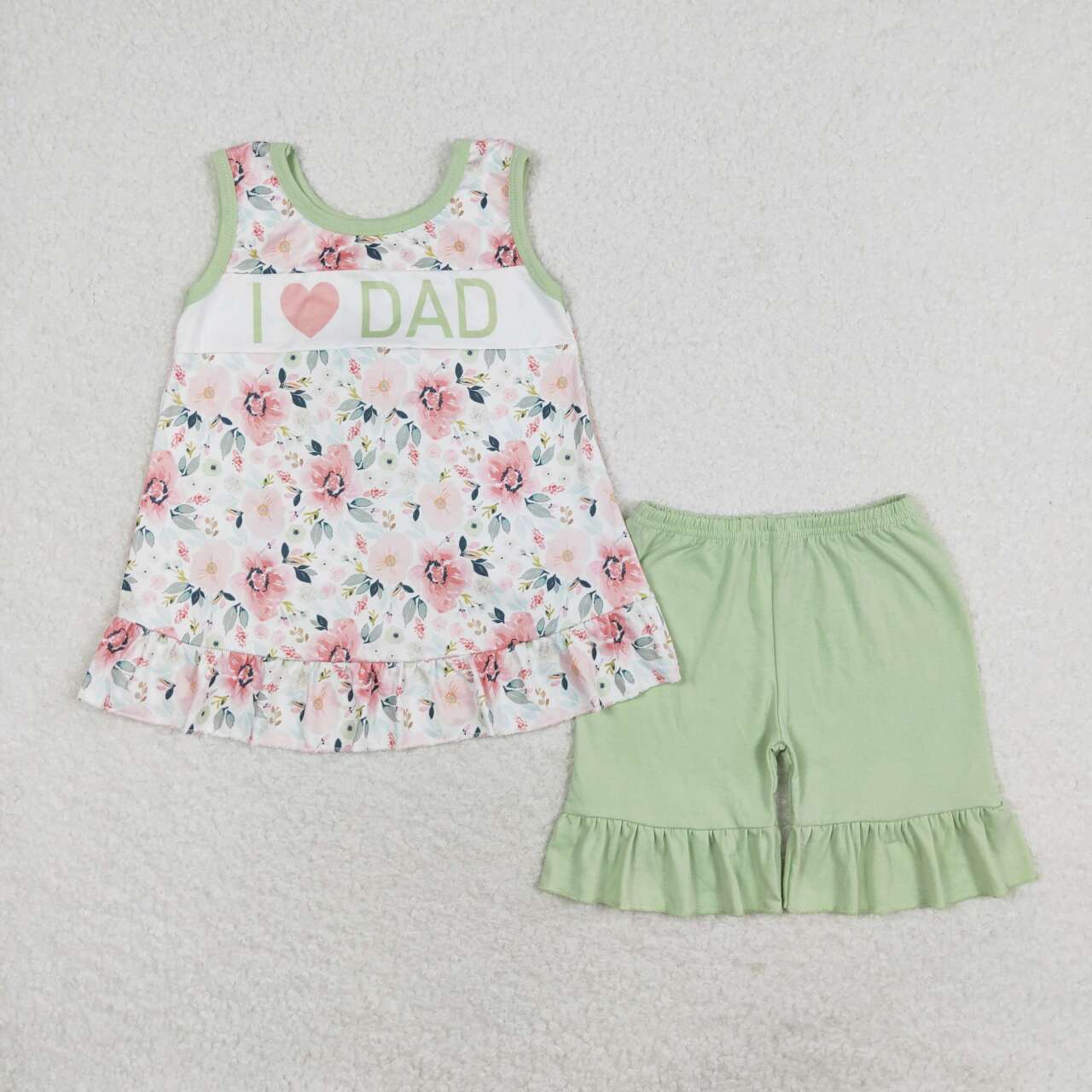 GSSO1178 I love dad pink flowers sleeveless green shorts girls set