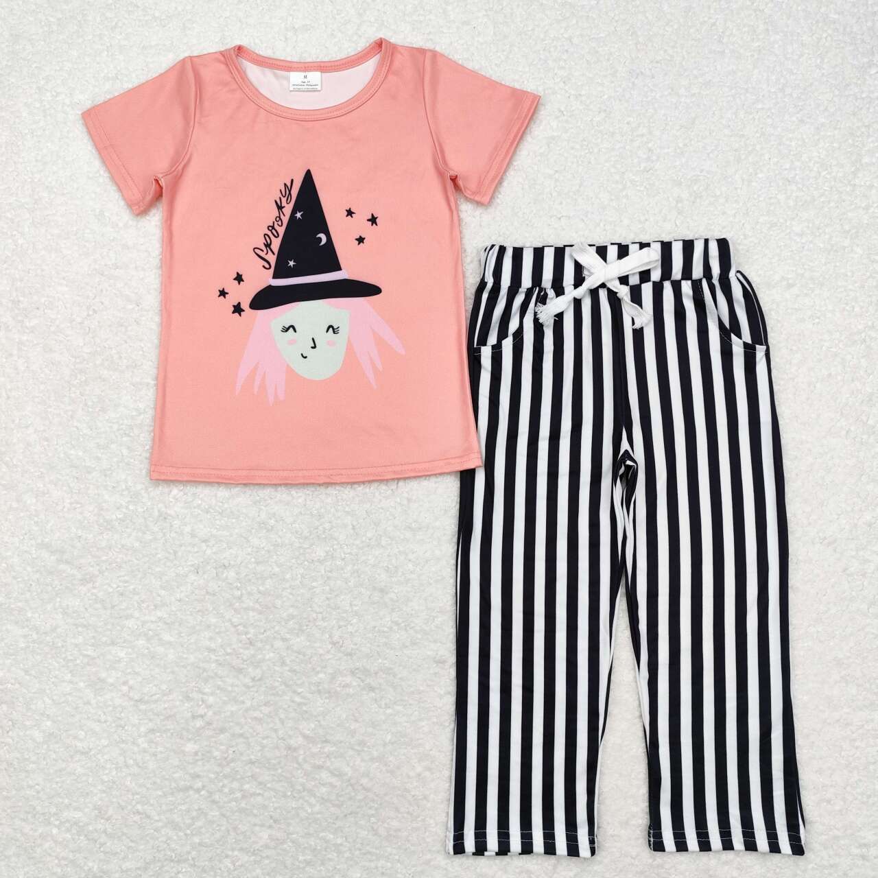 GSPO1673 Halloween hat smile short sleeve black striped pants girls set