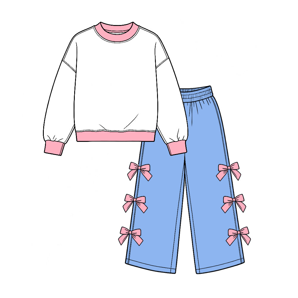 preorder GLP4036 Cotton White Long Sleeve Bows Blue Pants Girls Set