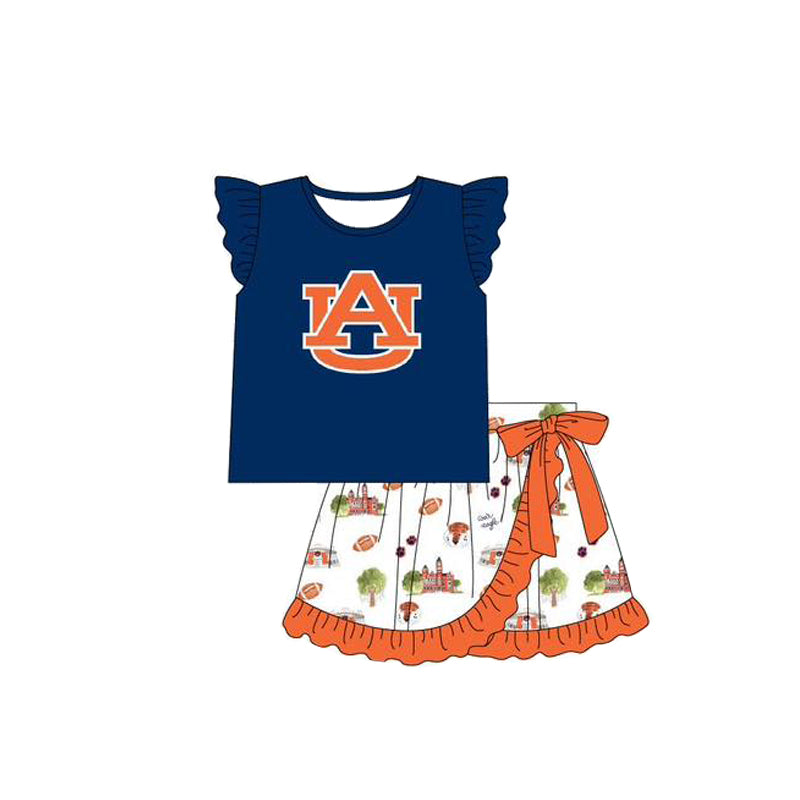 Cutom Moq 3 Football Team War Eagle Navy Blue Flutter Sleeve Skirt Bow Girls Set