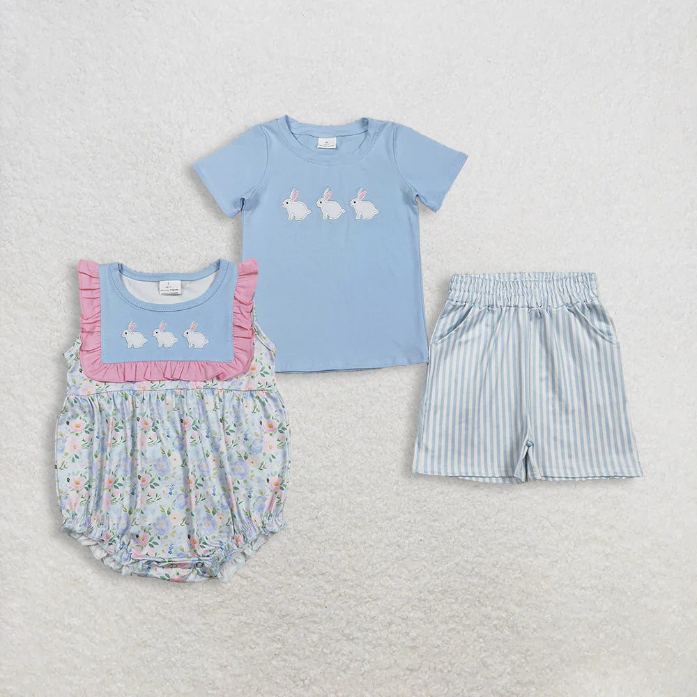 Embroidery Bunny Blue Boys Set/Girls Romper RTS sibling clothes