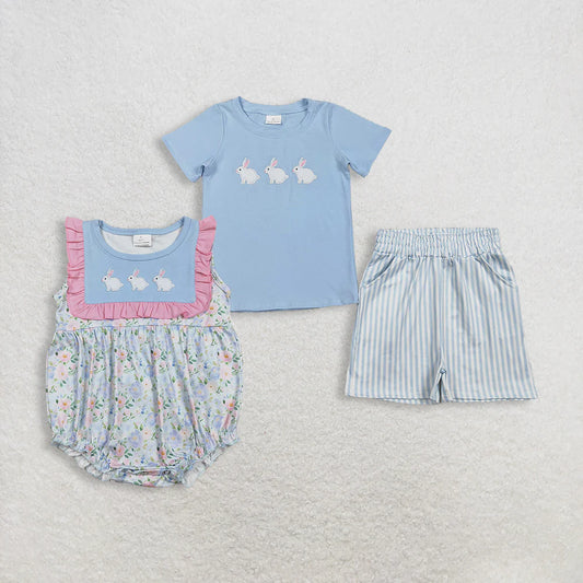 Embroidery Bunny Blue Boys Set/Girls Romper RTS sibling clothes