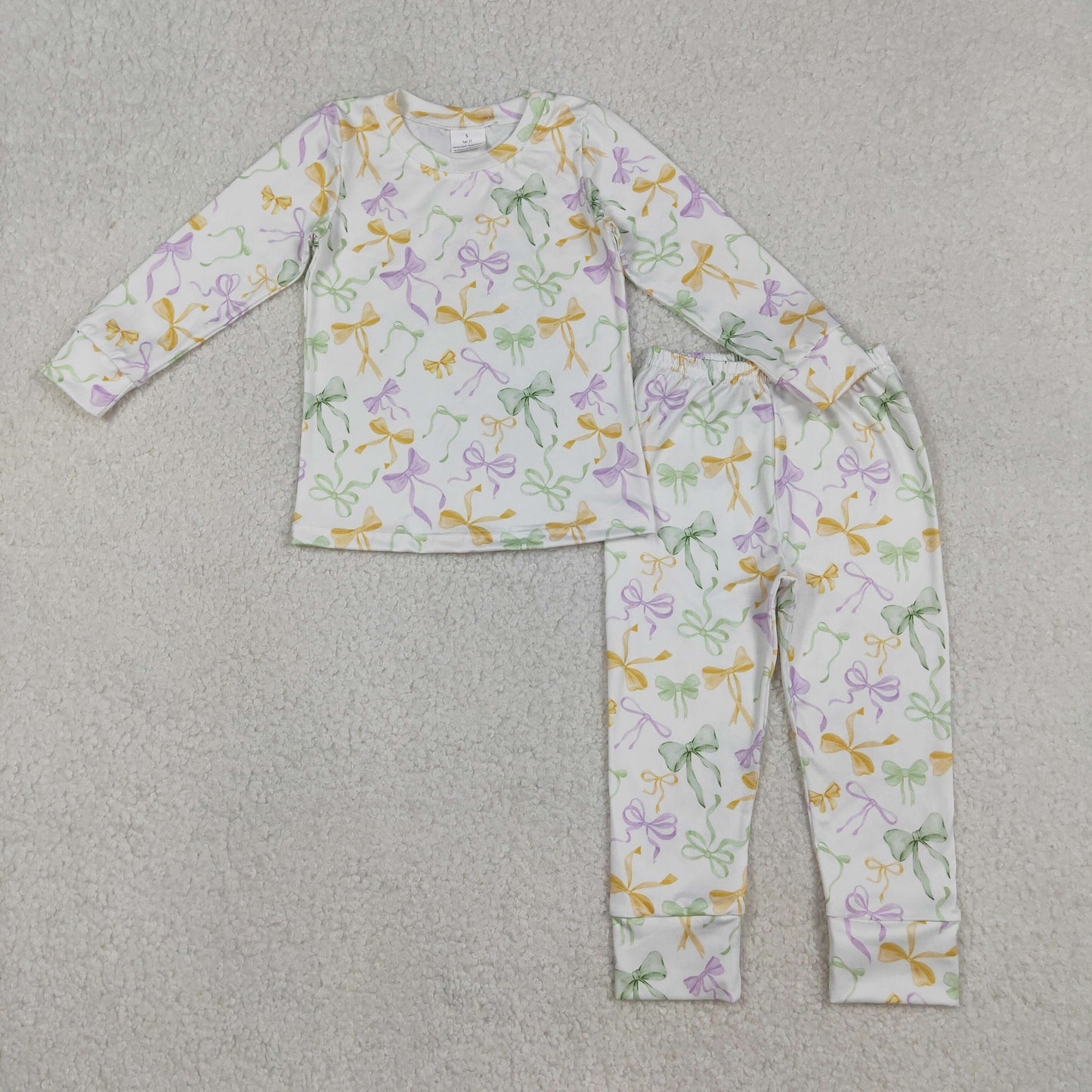 GLP2921 Mardi Gras yellow purple green bows long sleeve pants girls pajamas