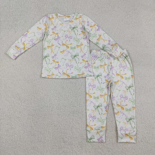 GLP2921 Mardi Gras yellow purple green bows long sleeve pants girls pajamas