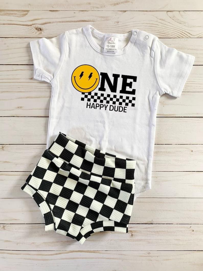 preorder GBO0203 One happy dude smile short sleeve black checkered bummies set kids clothes