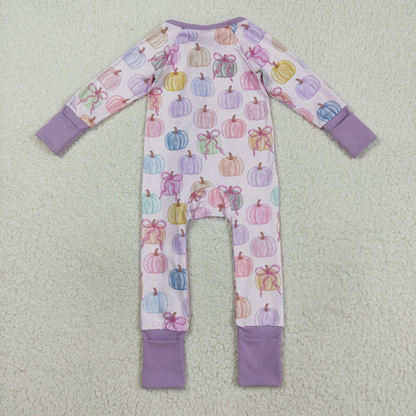 Custom moq 20 bamboo colorful pumpkin bows purple zipper long sleeve girls romper