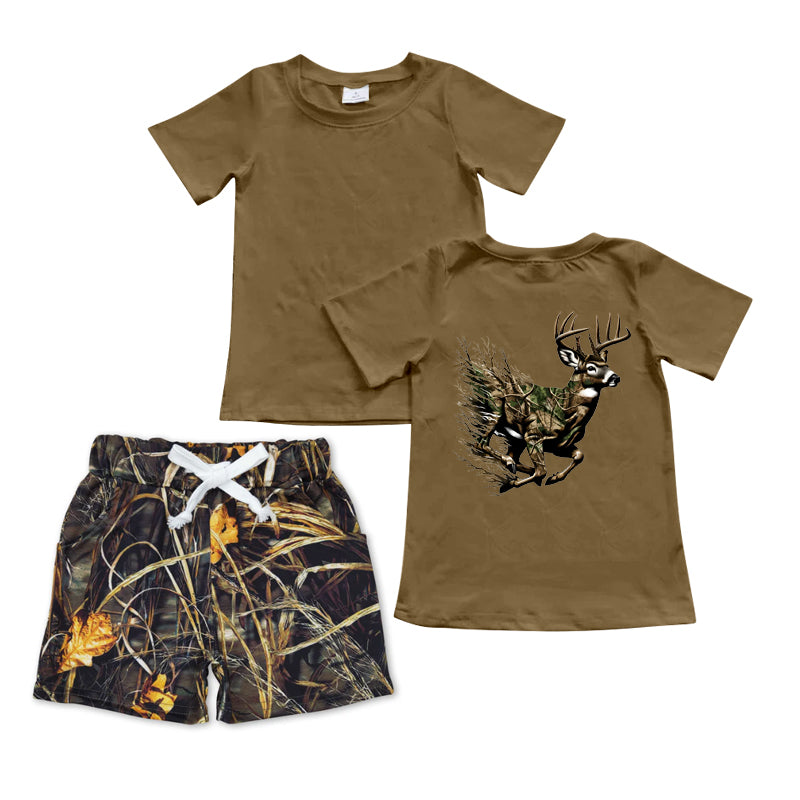 preorder BSSO1044 hunting camo deer brown short sleeve branch shorts boys set