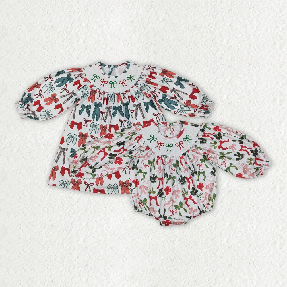 Smocked embroidery Christmas bows RTS Sibling Clothes