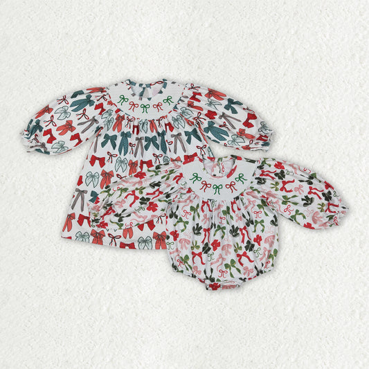 Smocked embroidery Christmas bows RTS Sibling Clothes